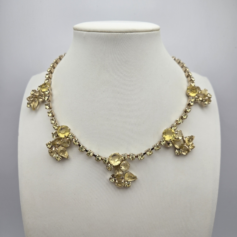 Yellow Rhinestone Choker Necklace Vintage 1950s 50s Glass Faceted Collar Vtg